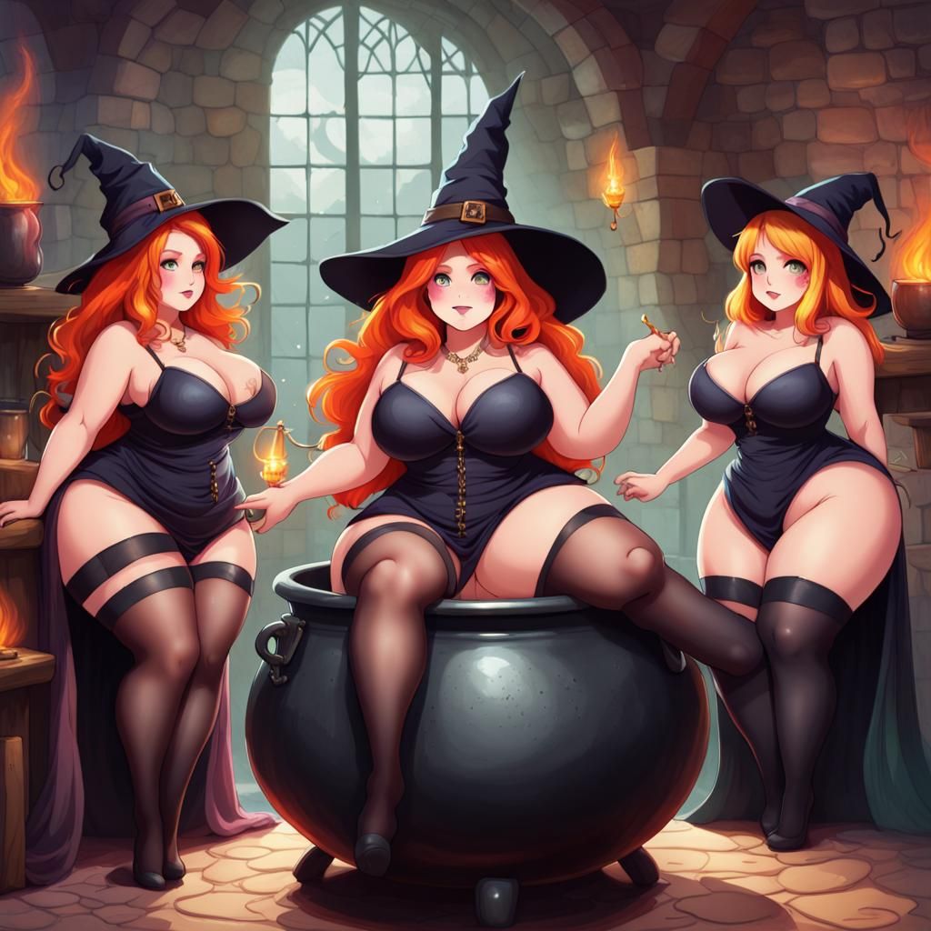 Three Exotic Witches Brewing Magic at a Castle