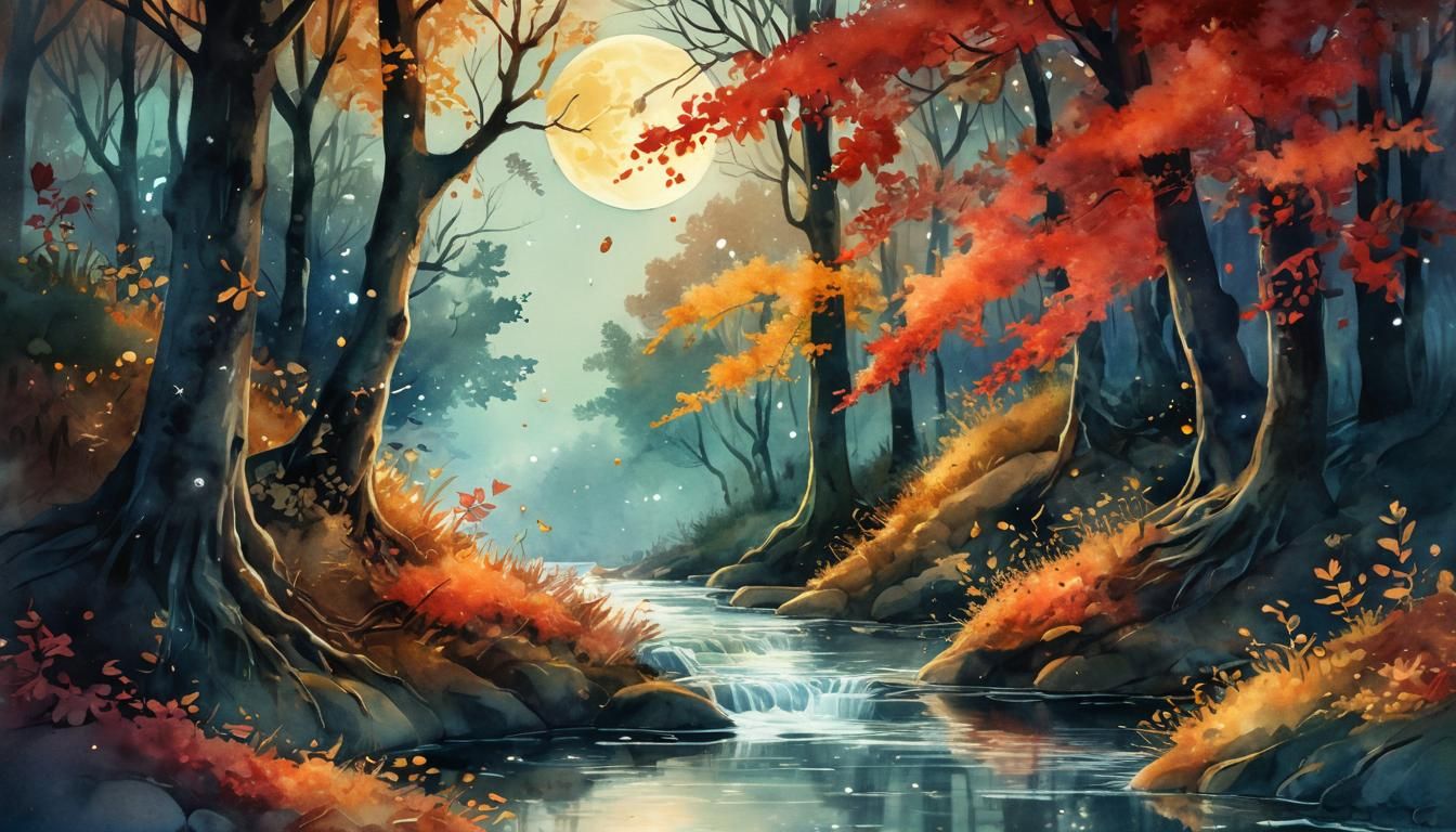 Moonlit Forest Creek in Watercolour Style