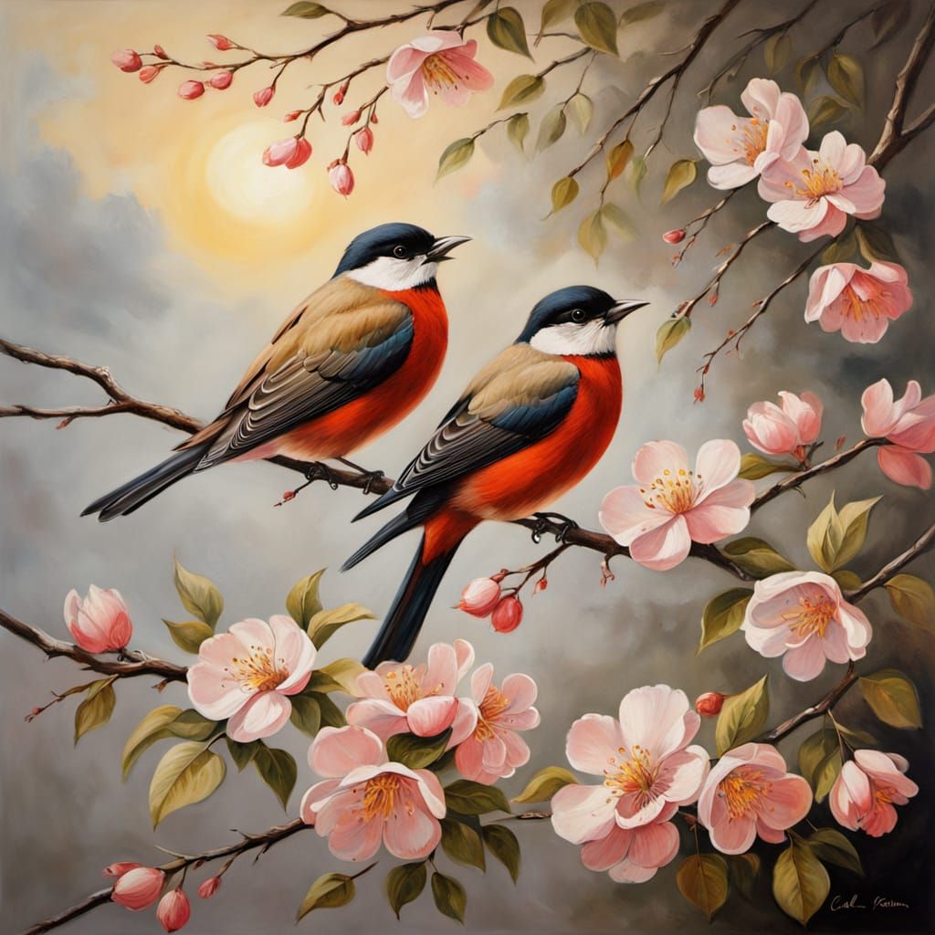 Whimsical Birds Amidst Blooming Almond Branch in Golden Hour