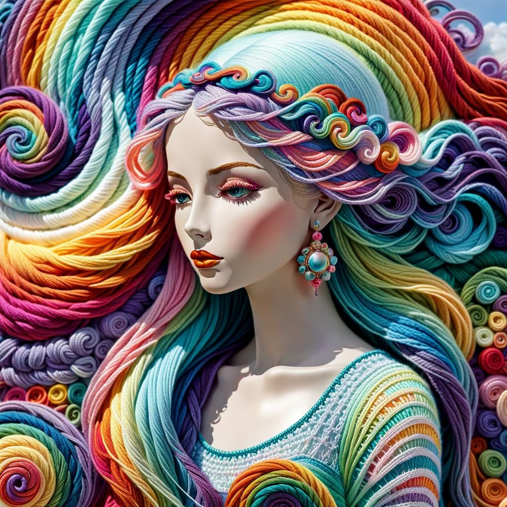 Blissful Woman in Yarn Art Wonderland