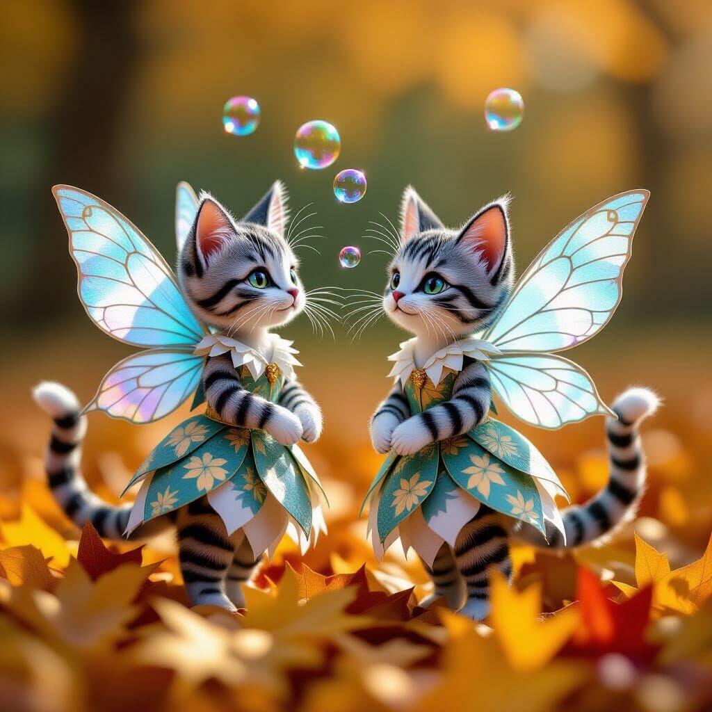 Origami Cat Fairies Fluttering Amidst Autumn Leaves