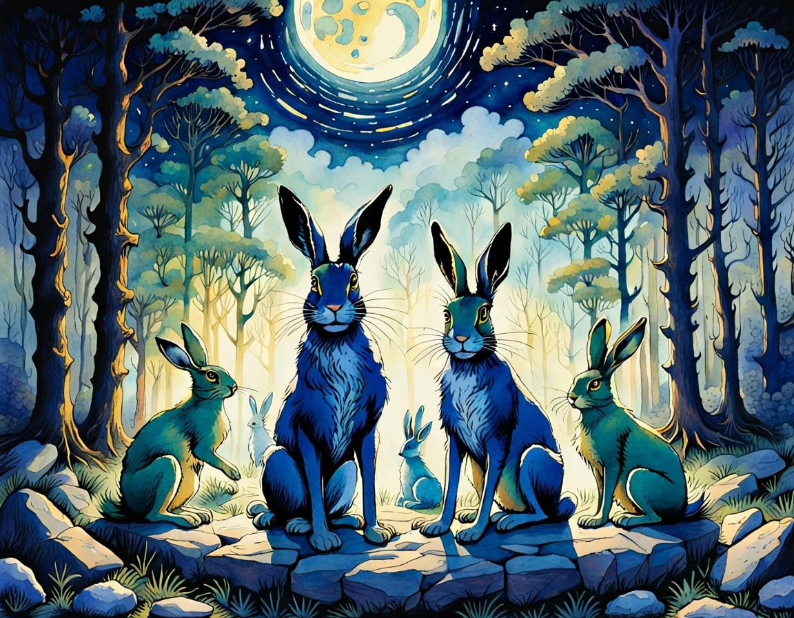 Moonlit Forest Spirits Frolic: Watercolor and Ink