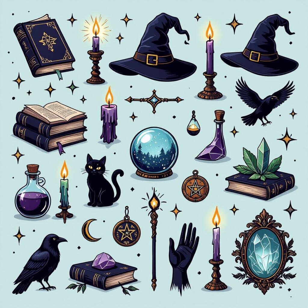 Magic and Witchcraft Themed Illustration Sticker Set