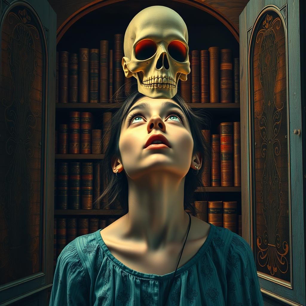 Woman Gazing at Ghostly Head in Ornate Cupboard