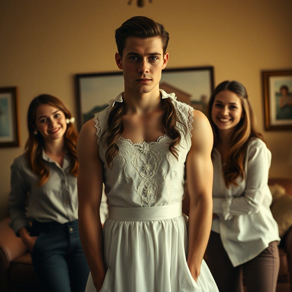 Man in First Communion Dress Reflects in Elegant Living Room