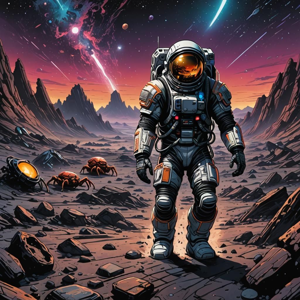 Astronaut and Crabs on Alien Planet in Comic Book Style