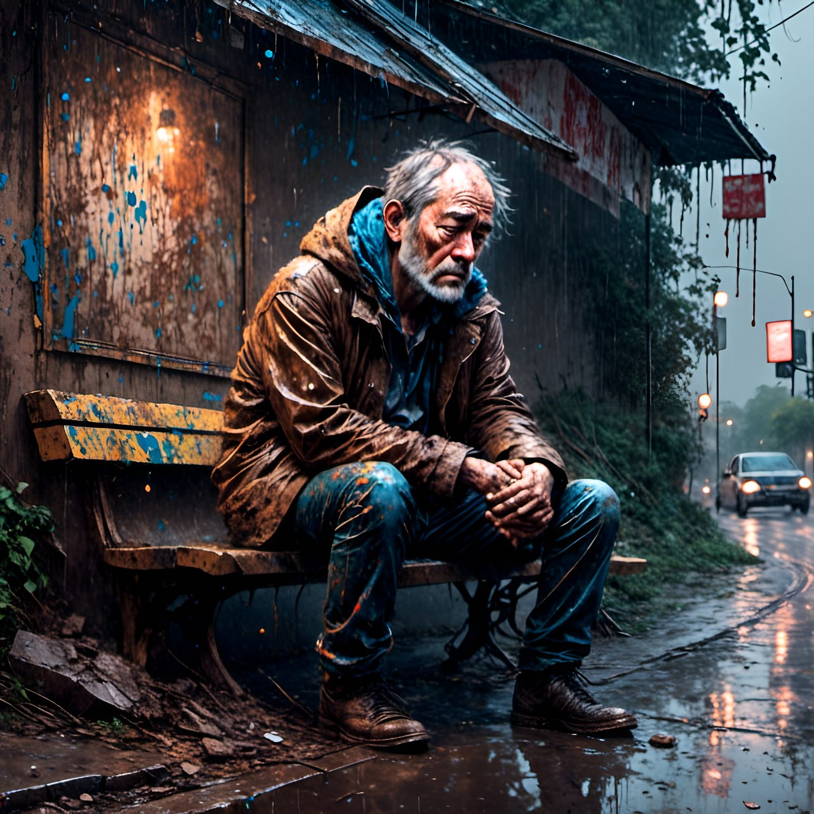 Sad Man in Rain: Digital Graffiti Illustration