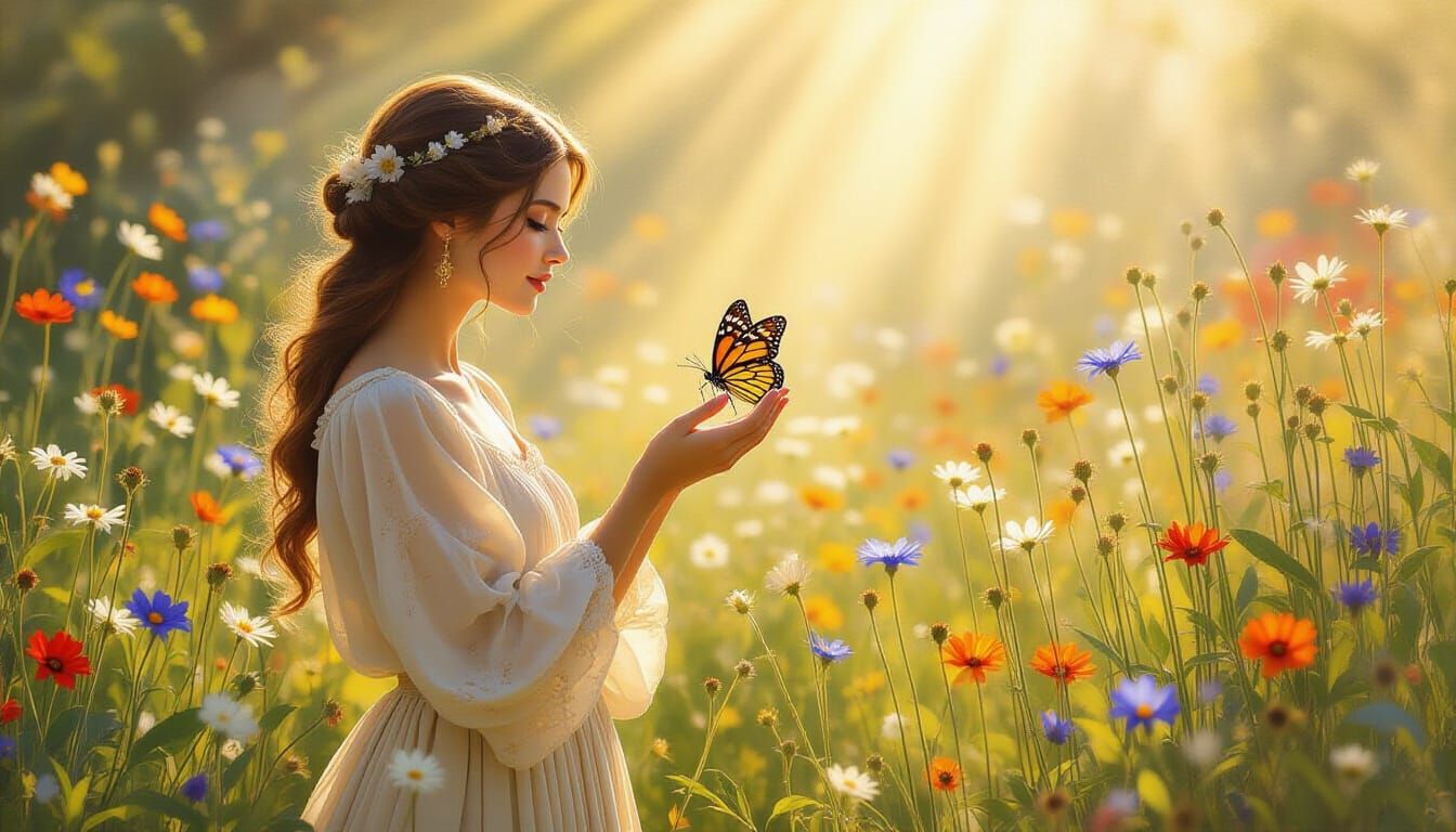 Woman with Butterfly in Pre-Raphaelite Garden