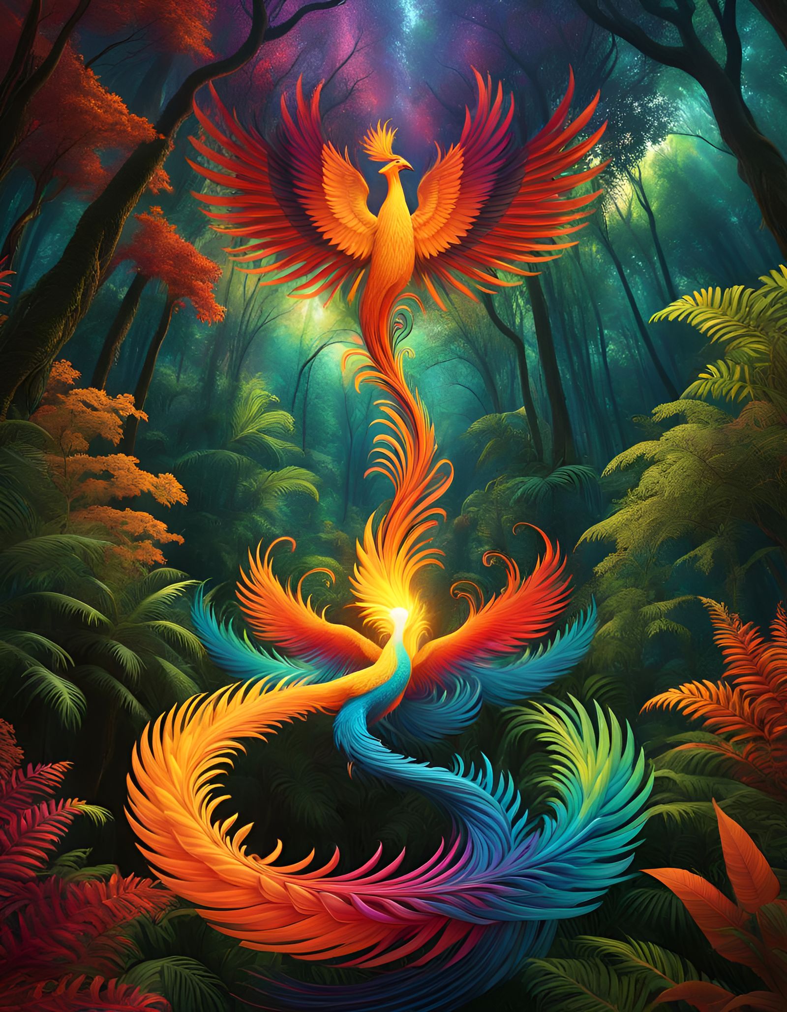 Fiery Phoenix Rising in Jungle Clearing