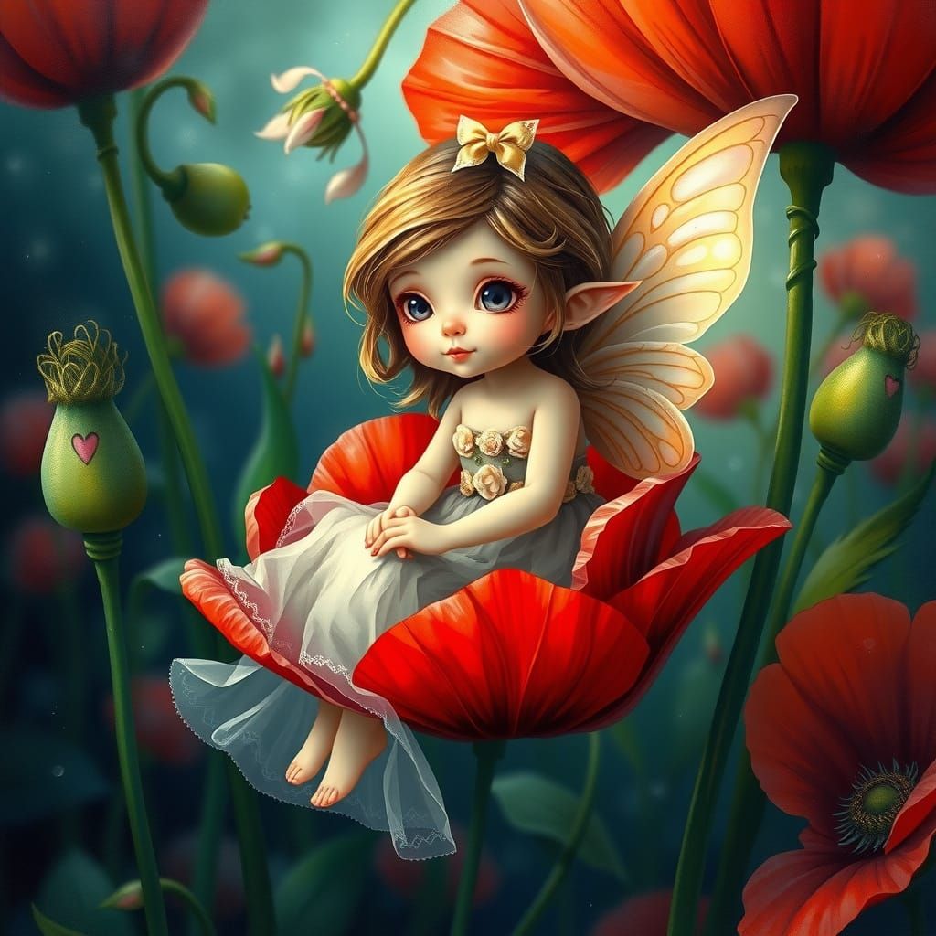 Fairy Girl in Poppy, Hyperrealistic Oil Painting