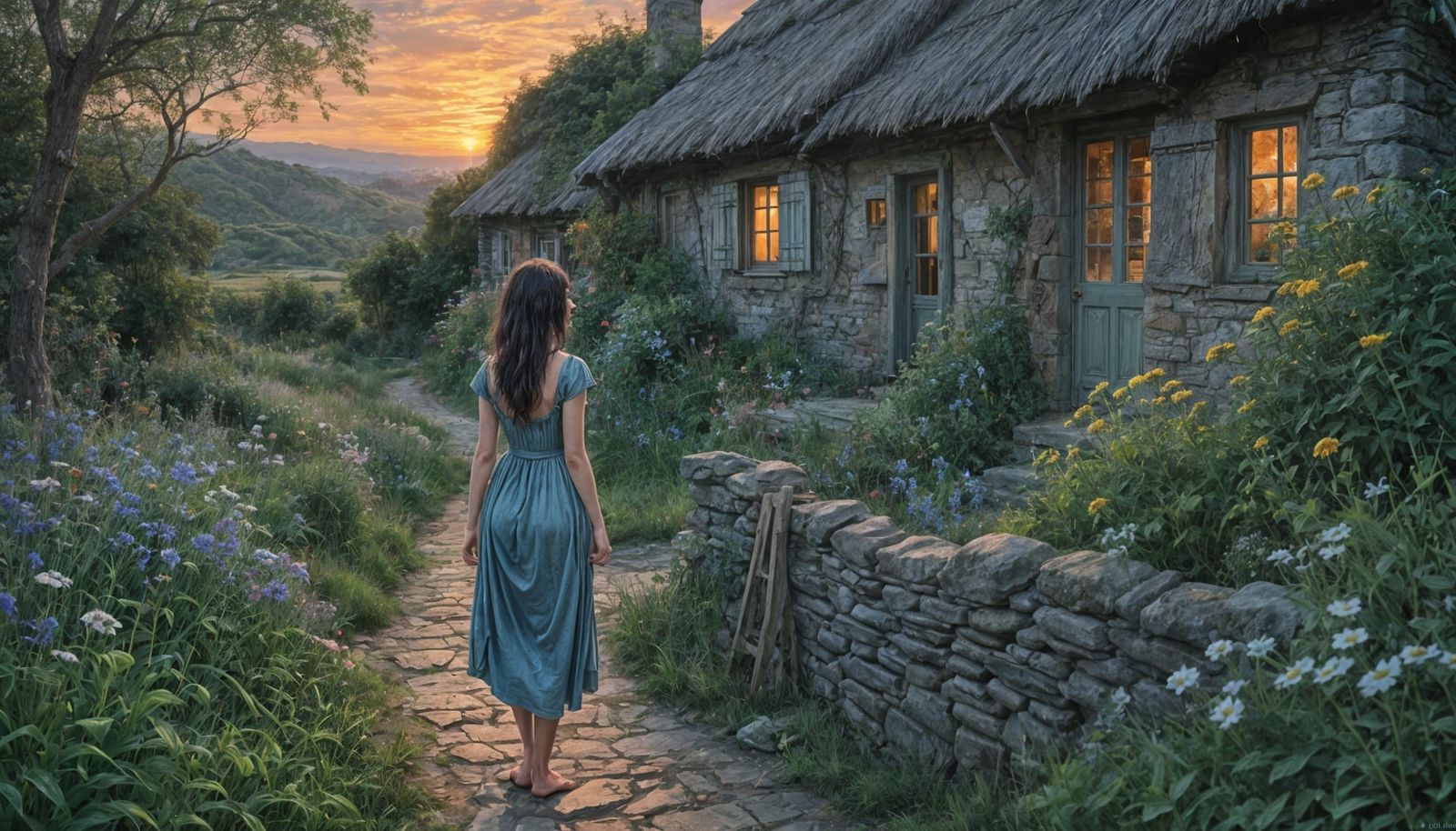 Ethereal Woman at Cottage: Watercolour Masterpiece