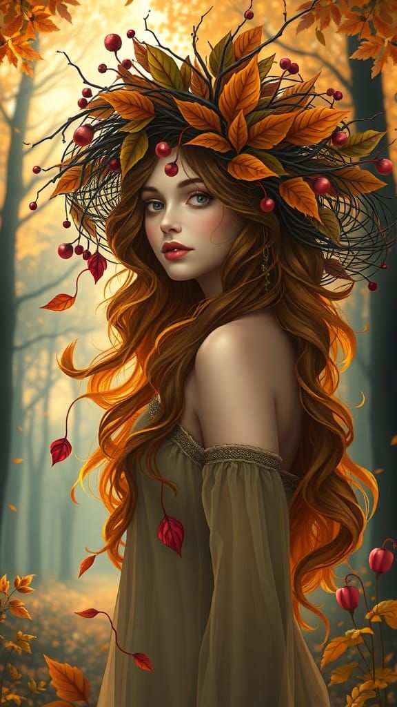 Art Nouveau Woman With Autumn Leaf Hair