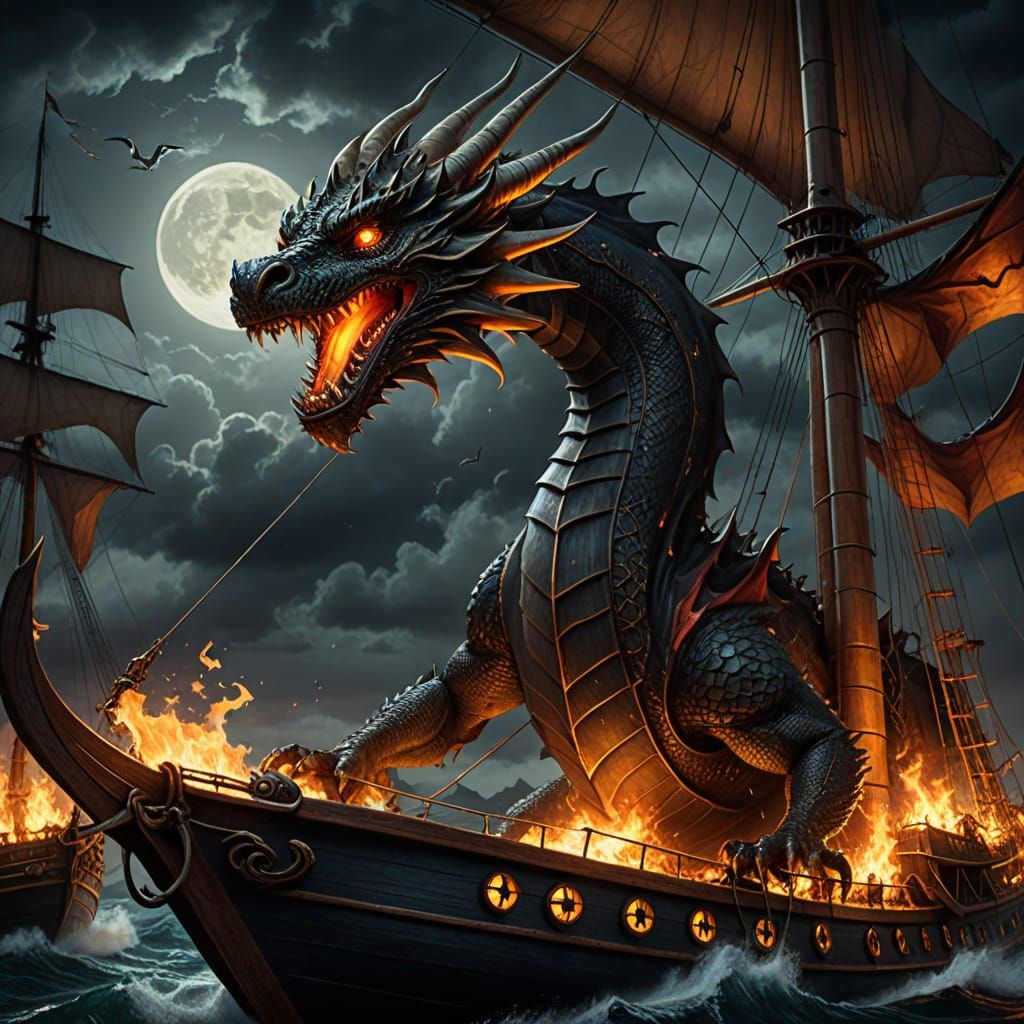 Dragon Attacks Burning Ship in Dark Fantasy Style