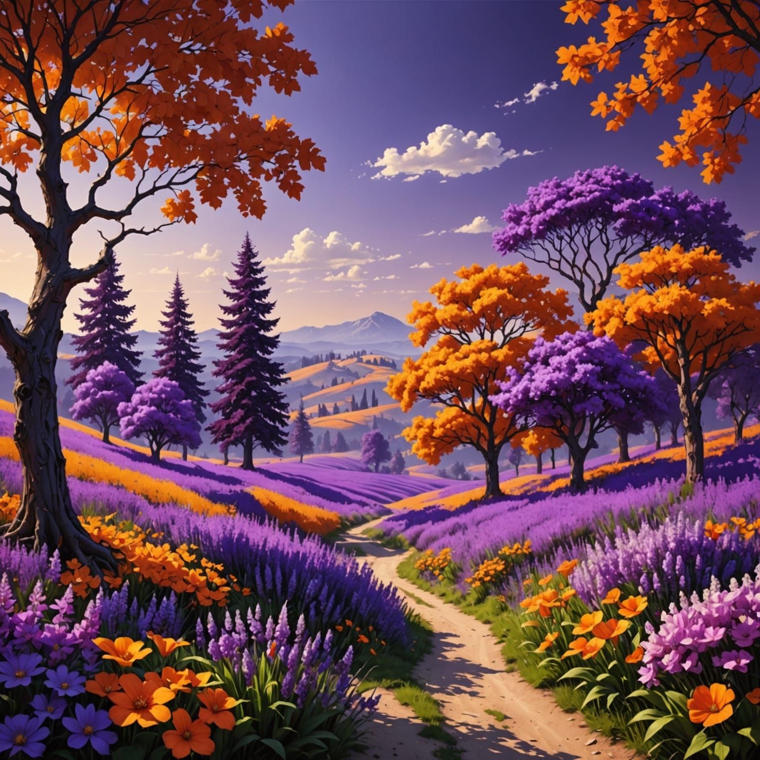 Vibrant Orange and Purple Landscape with Whimsical Floral El...