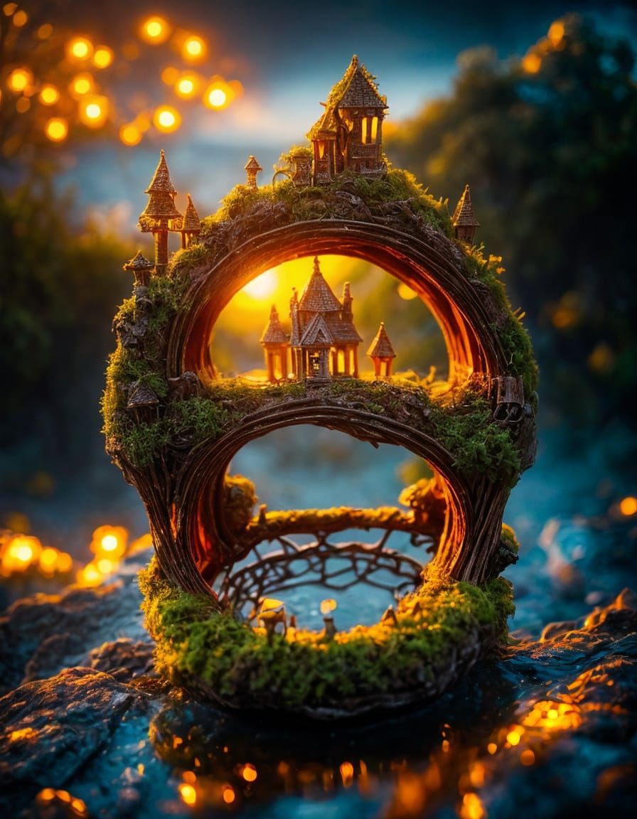 Enchanted Fairy Village Within a Carved Ring Portal