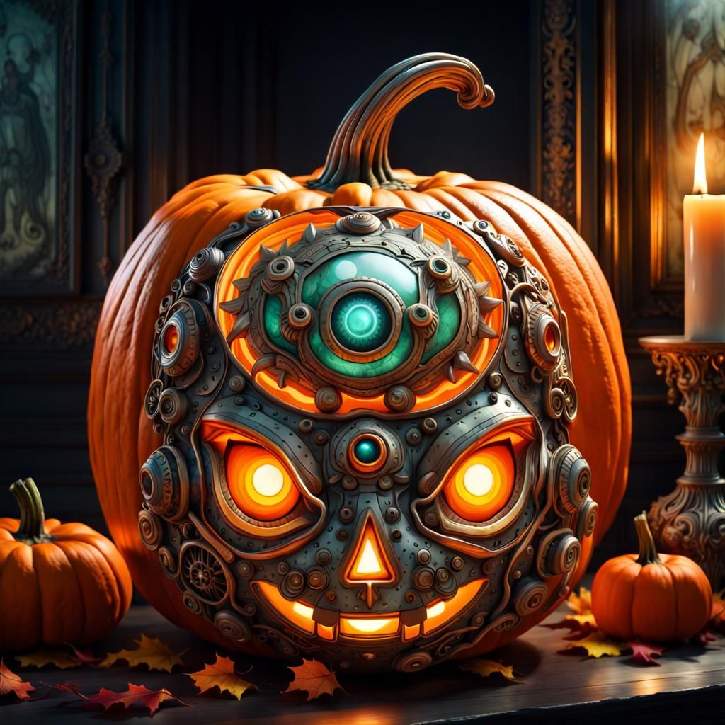 Intricate Robot-Carved Pumpkin in Fantasycore Style