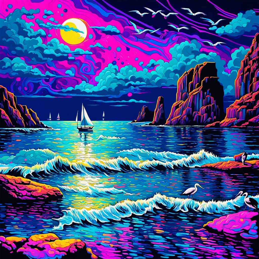 Moonlit Hidden Cove with Sailboats in Psychedelic Pointillis...
