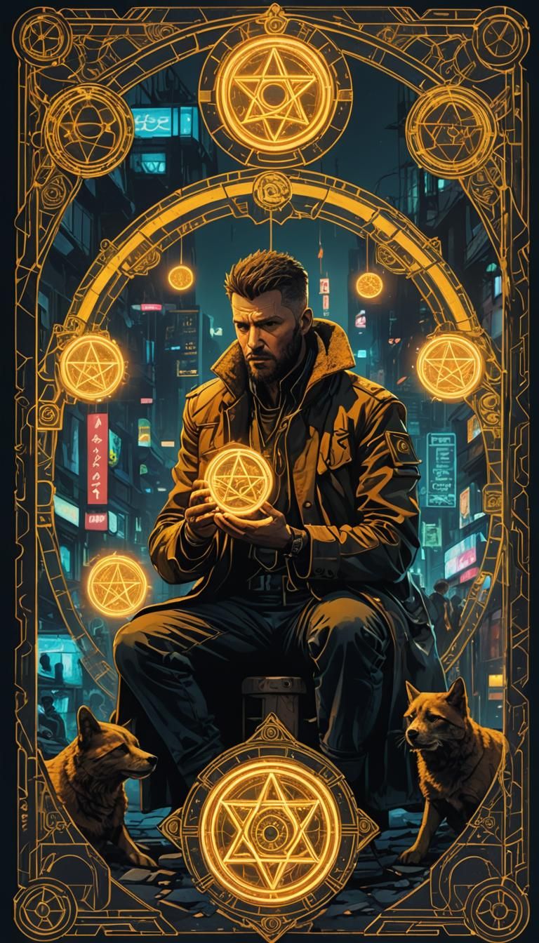 Six of Pentacles Tarot in Cyberpunk 2099 Style