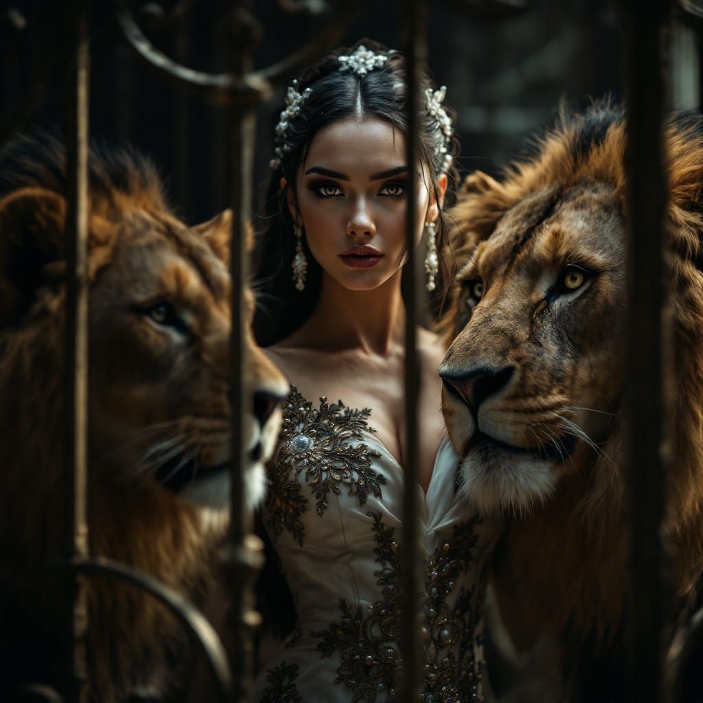 Elegant Lion Tamer Captured in Hyperrealistic Studio Setting