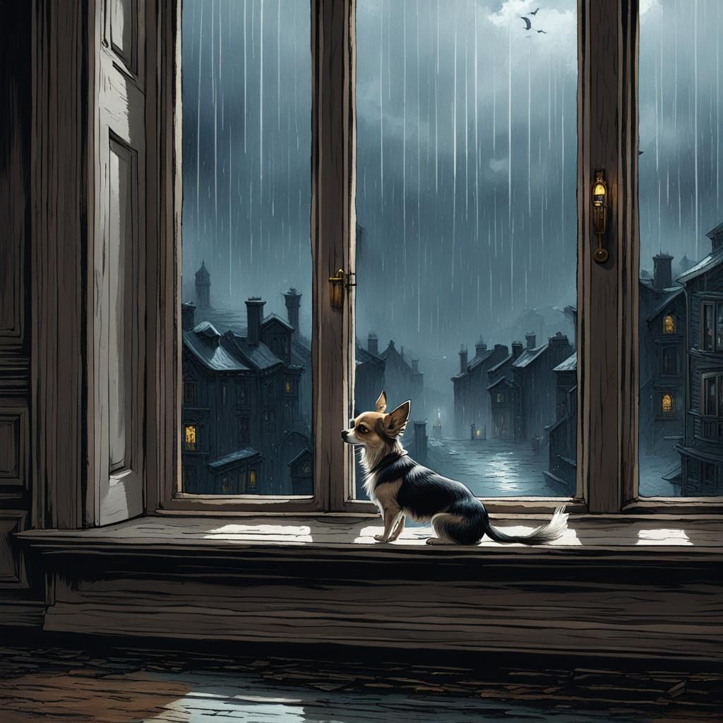 Chihuahua Gazing out Rainy Window in Horror Style