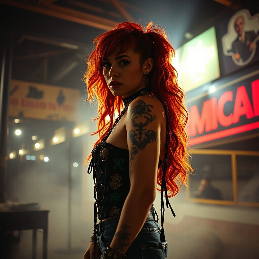 Rebellious Punk Rock Woman in Smoke-Filled Venue