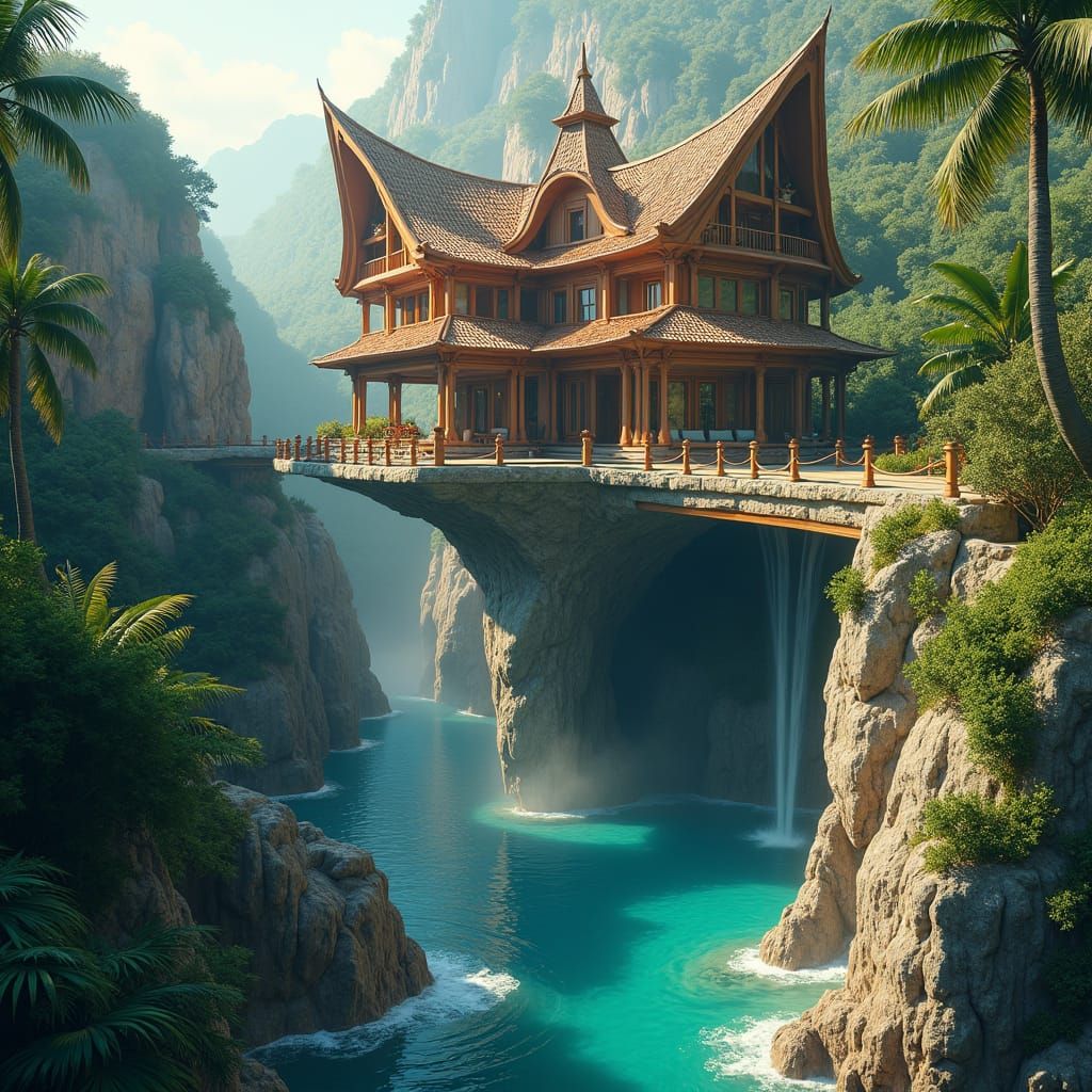 Dramatic Cliffside House with Waterfall in Matte Painting St...