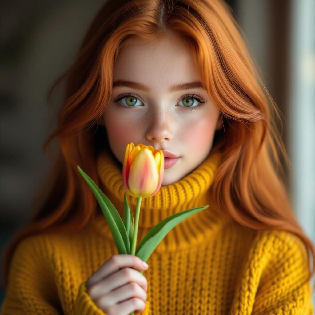 Realistic Portrait of Girl Smelling a Tulip