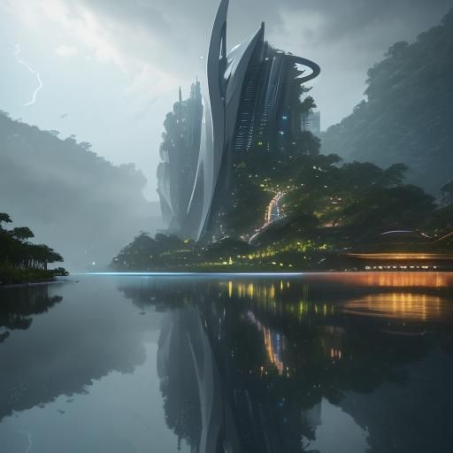 Utopian Skyscraper with Lush Greenery, Matte Painting