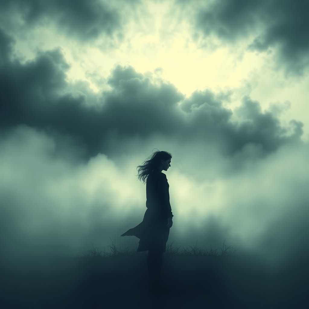 Abstract Figure in Misty Landscape with Fractal Details