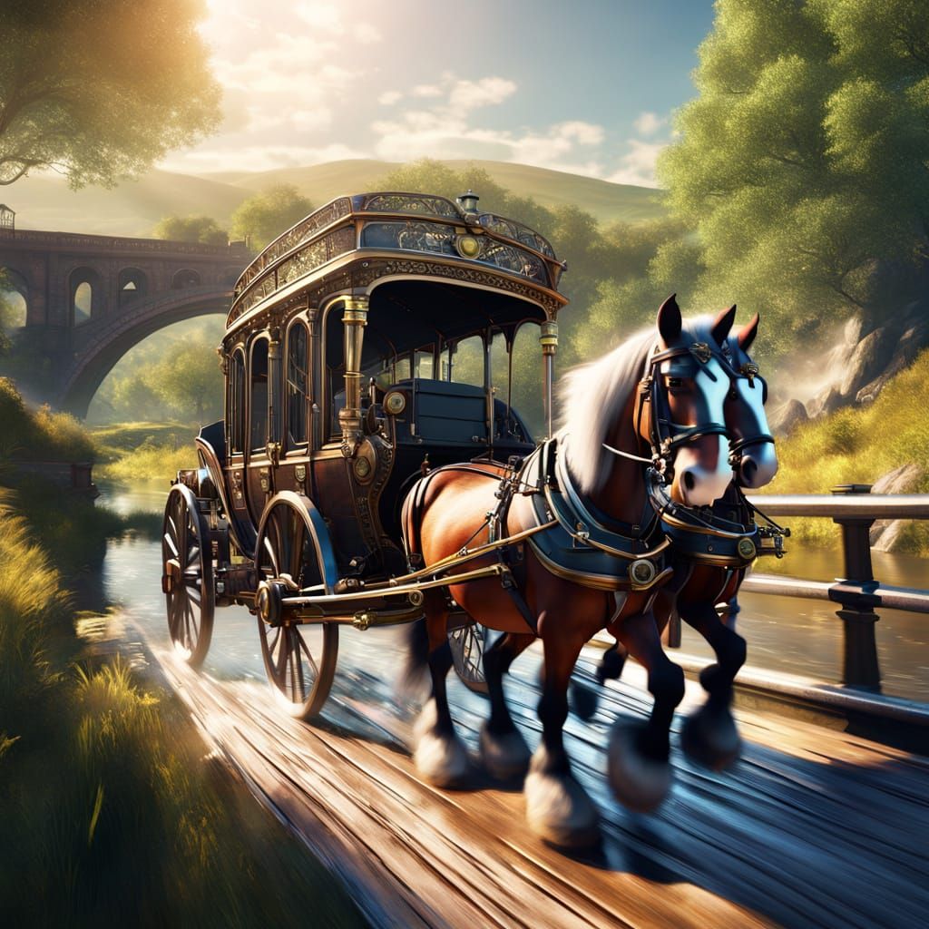 Elegant Steampunk Carriage on a Raging River Bridge