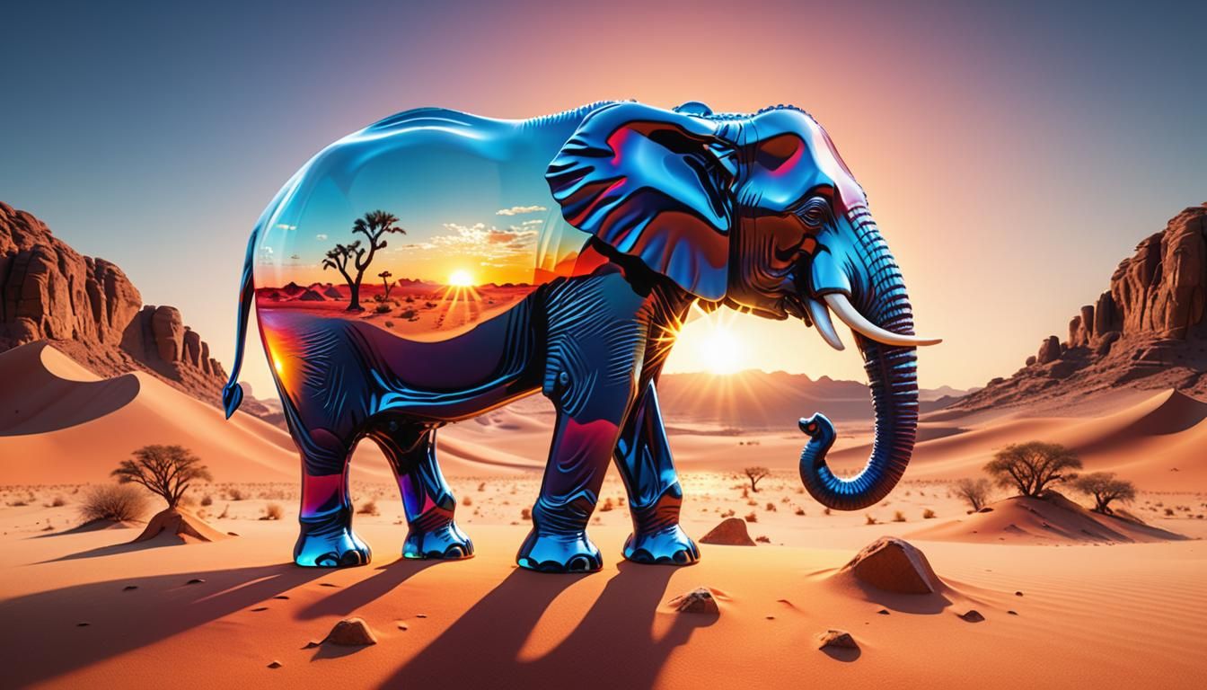 Crystal Elephant in Desert Sunset: Digital Matte Painting
