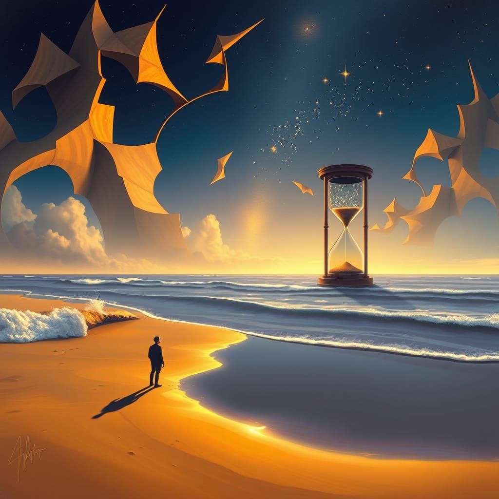 Surreal Beach Scene with Molten Gold Waves and Starry Hourgl...