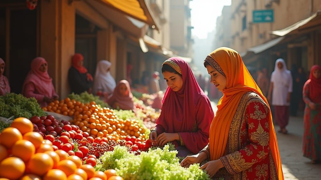 Egyptian Market Scene with Women and Produce