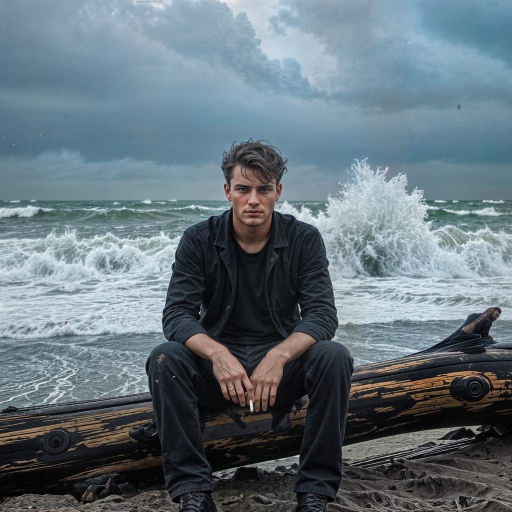 Young Man on Stormy Beach with Cigarette