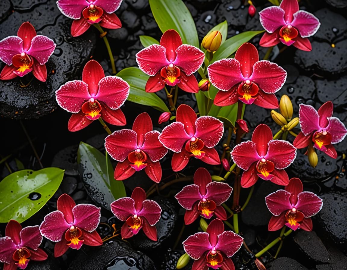 Scarlet Orchids Bloom on Lava Pool