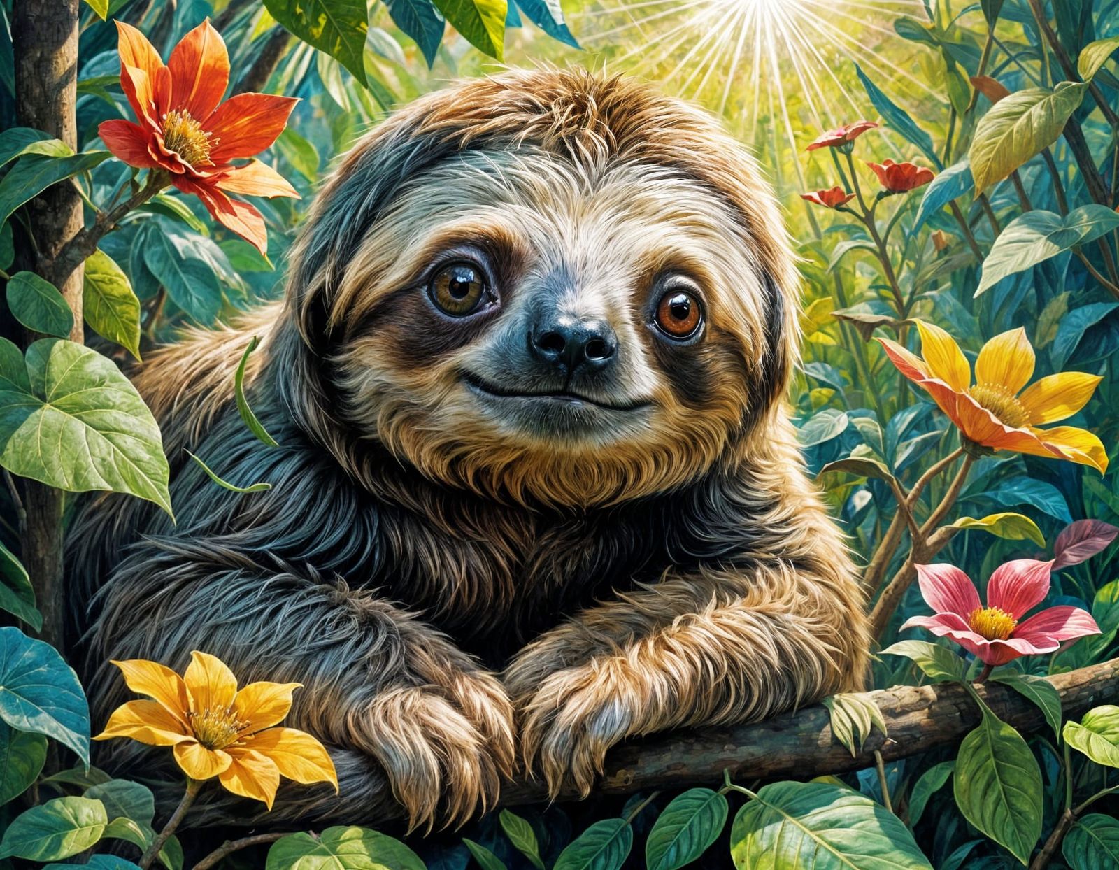 Adorable Sloth in Colorful Flora, Mixed Media Oil Painting