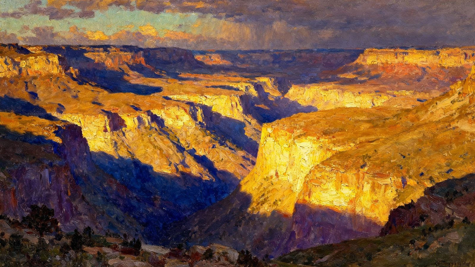 Golden Hour Landscape Oil Painting with Dramatic Lighting