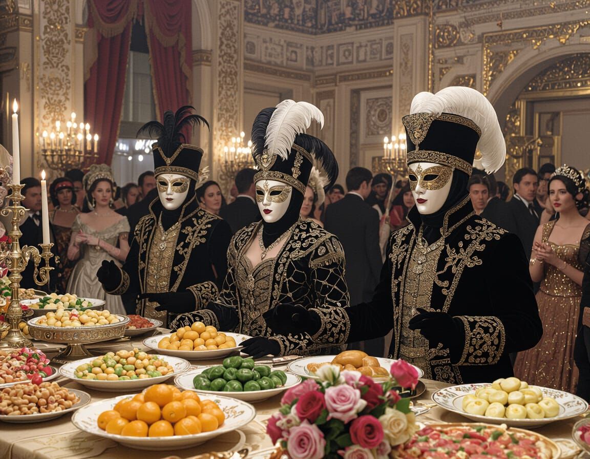 Ornate Masquerade Ball with Masked Dancers