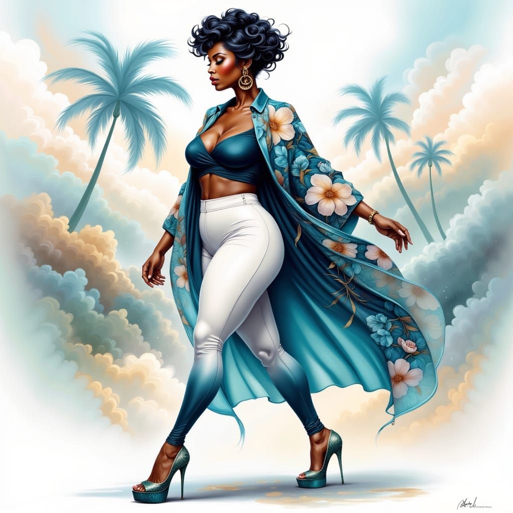 Stylized Cartoon of Confident Black Woman in Fashionable Out...