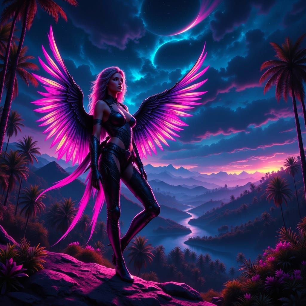 Girl Takes Flight in Neon Night Sky