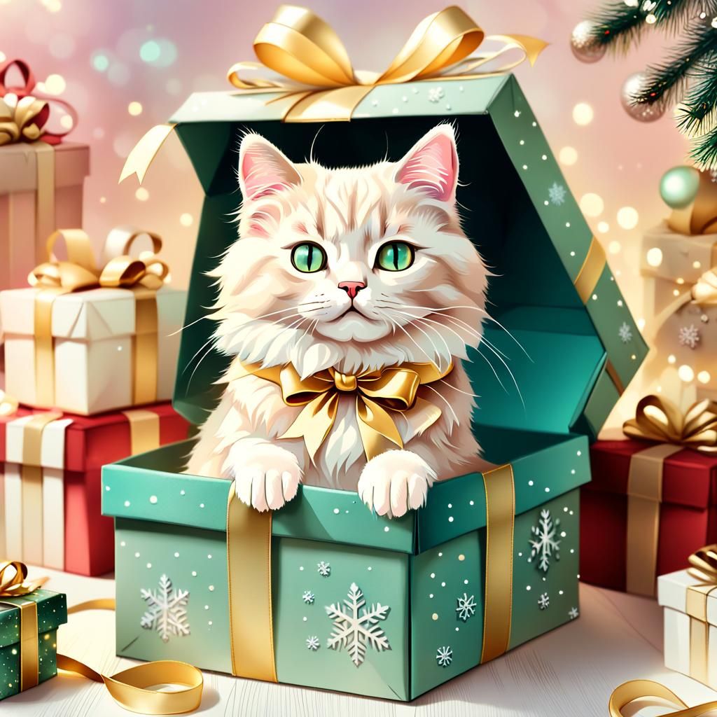 Whimsical Fantasy Cat in Christmas Gift Box Art