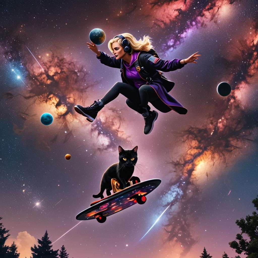 Sabrina the teenage witch on a galaxy themed hover board fly...