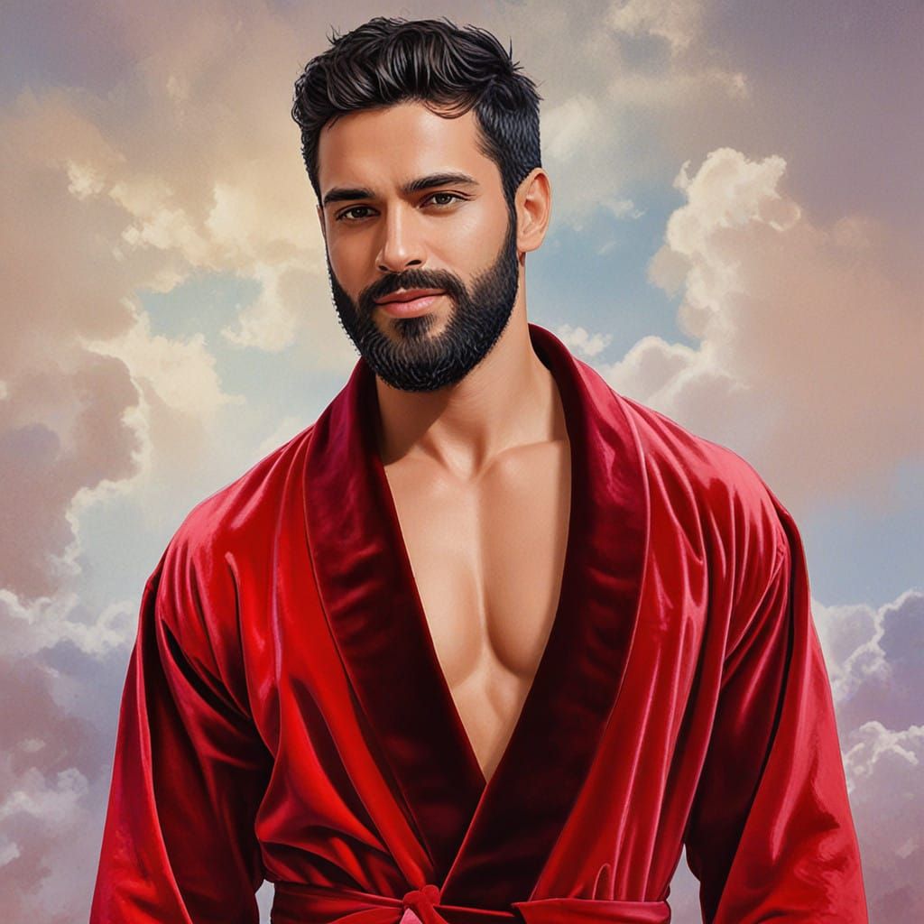 A Handsome Bearded Man in a Red Velvet Bathrobe