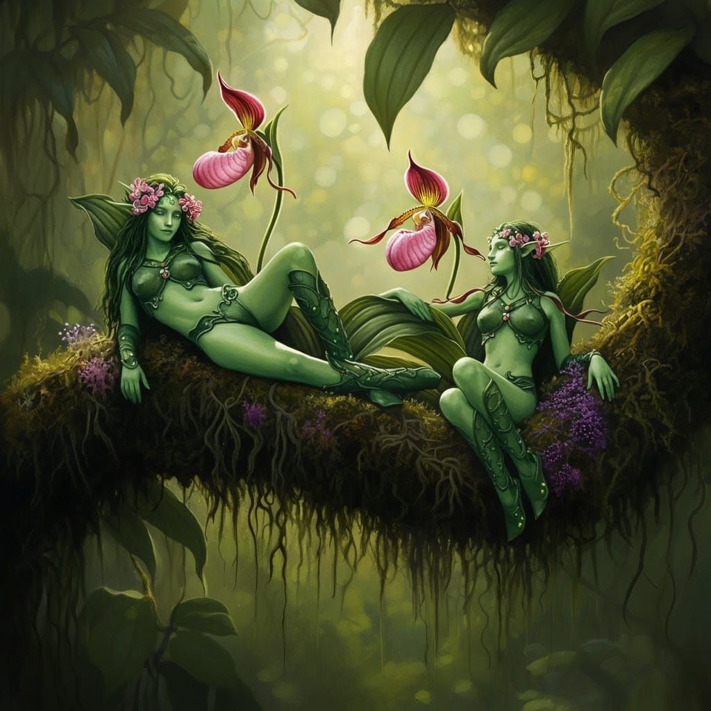 Jade Fairies on Orchid Branch in Gouache Style