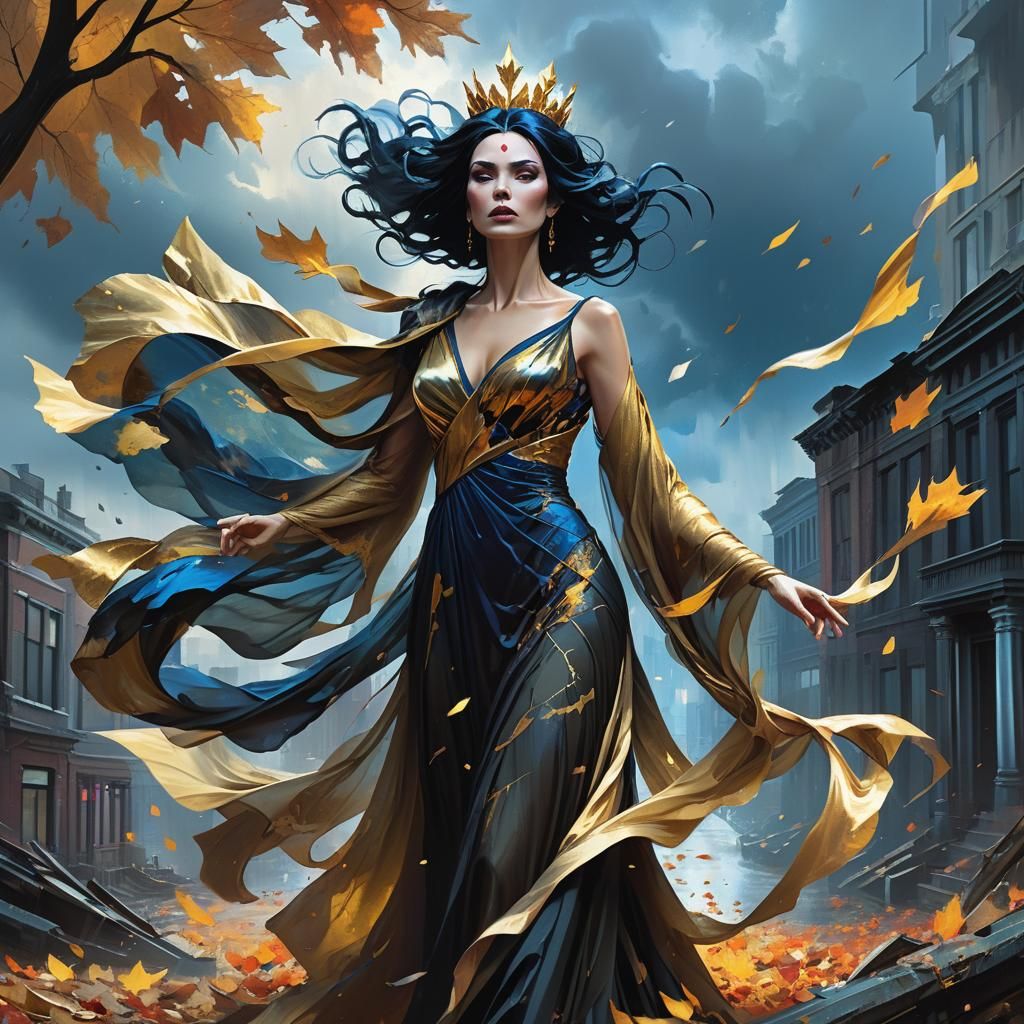 Mystical Queen Amidst Autumn and Apocalyptic Cityscape