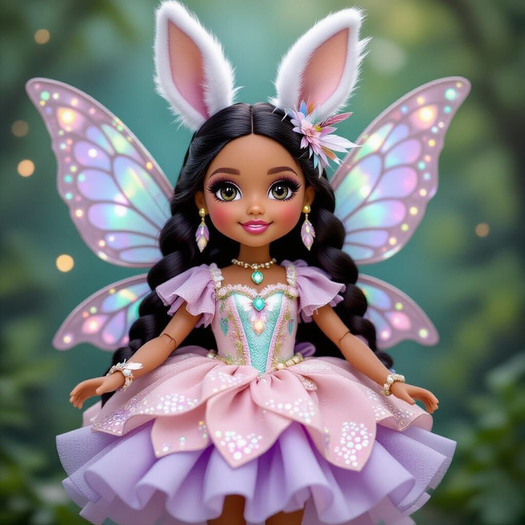 Doll in Ornate Rabbit Fairy Dress with Glowing Lantern