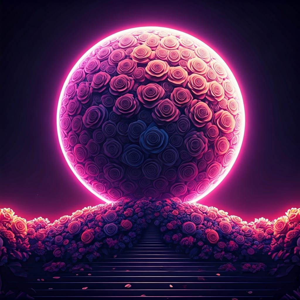 Neon Rose Crescent Moon in Anime Style
