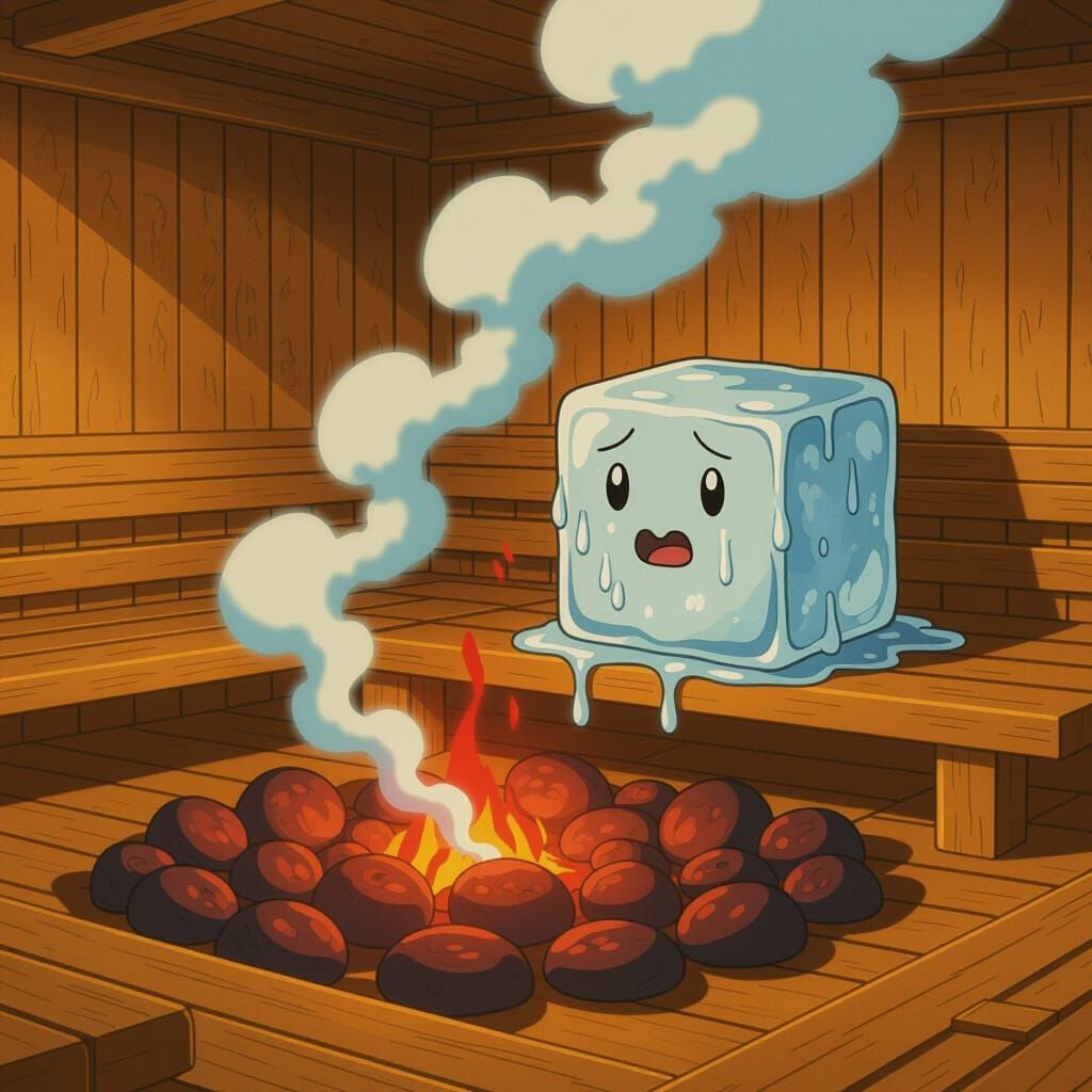 Ice Cube Sweating in Hot Sauna, Ghibli Style
