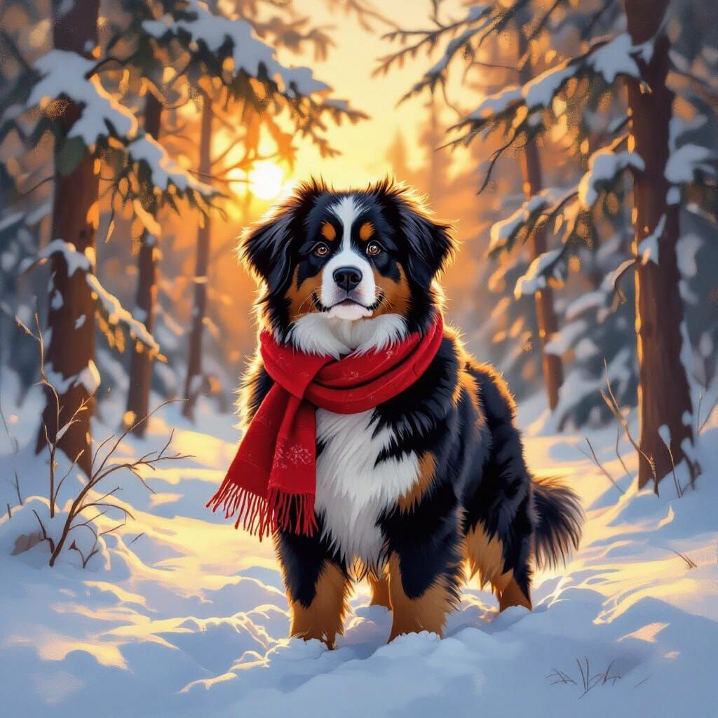 Cute Bernese Mountain Dog in Snowy Forest