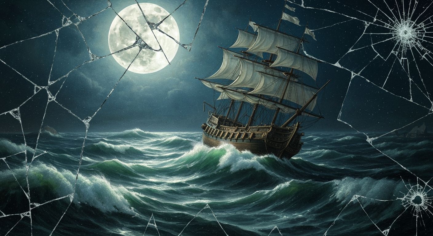 Ship on Rough Sea Under Full Moon